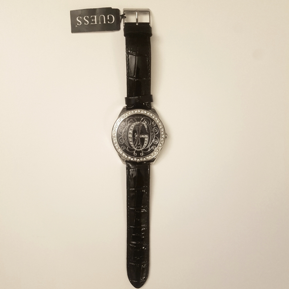 NWT GUESS Black and Silver Watch with Swarovski Crystals